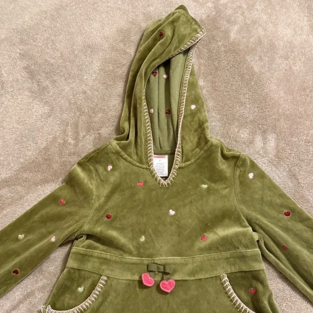 Gymboree Girls Olive Green Velour Hooded Heart Dress Long Sleeve Size 6